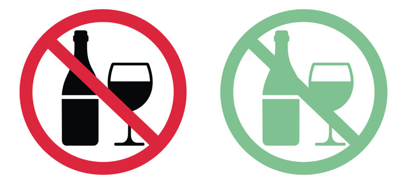 No Alcohol Sign, Drinking Prohibition Symbols, Alcohol Free Zone Warnings And Restricted Beverage Safety Vector Illustration.