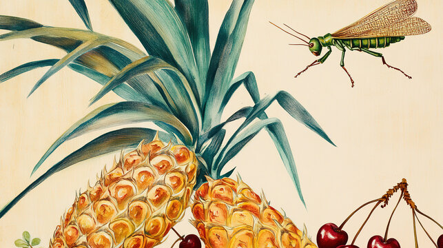 Watercolor beige background grasshopper top right three pineapples patterned orange brown yellow green blue leaves cherries dark red bottom right bottom center