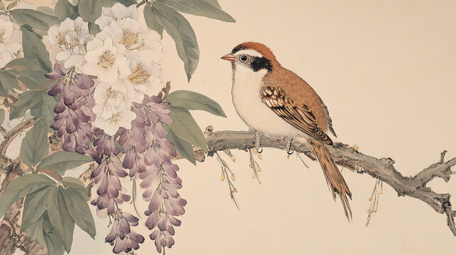 Detailed traditional Chinese art bird on branch left side white face dark crest red patch underside purple white flowers long stamens dark green leaves visible veins gnarled branch light beige backgro