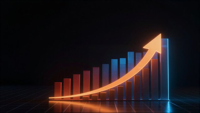 Glowing arrow soars above rising bars symbolizing steady growth and