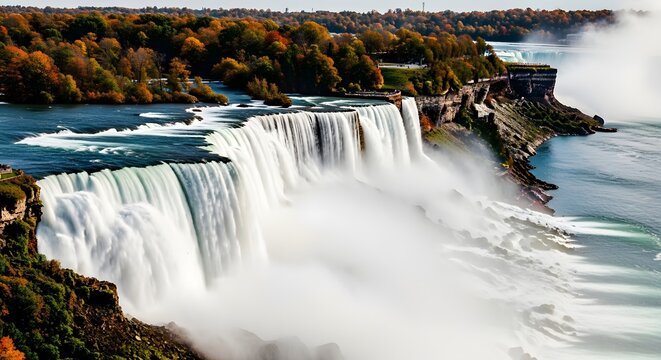 Waterfall flowing over cliff with autumn forest