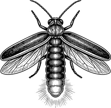 Detailed black and white illustration of a firefly with spread wings and glowing abdomen, line art insect