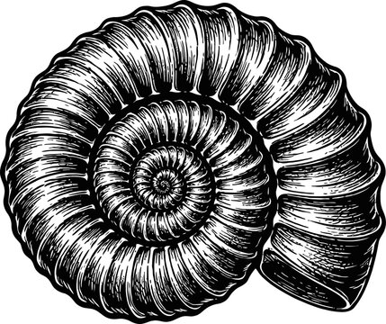 Detailed black and white illustration of an ammonite fossil, a spiral-shaped shell, ancient marine life, prehistoric creature, scientific study