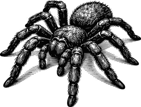 A detailed black and white illustration of a tarantula spider, showcasing its hairy texture and eight legs. The arachnid is isolated on a white background, suitable for various design applications.