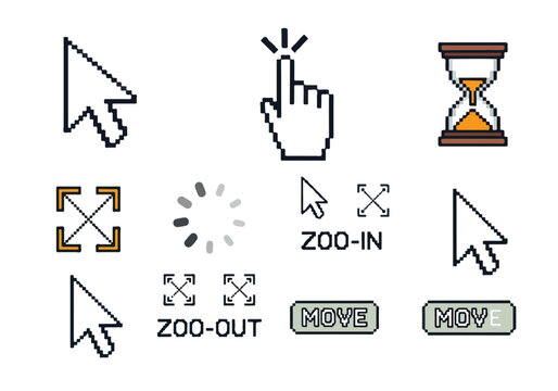 Collection of computer mouse cursor icons and web navigation buttons for user interface design