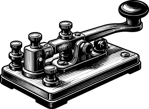 A detailed, isolated illustration of a vintage telegraph key, a historical device for Morse code communication. This retro instrument features mechanical components and is presented in monochrome.