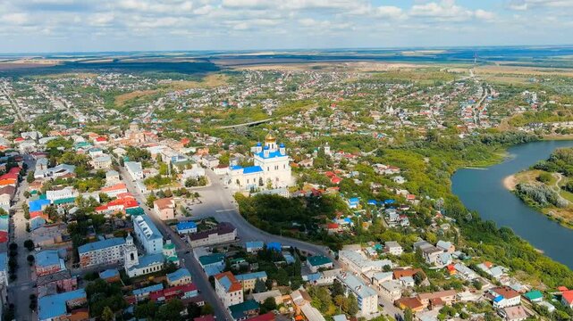 Yelets, Lipetsk region, Russia. Cathedral of the Ascension. Sosna river. Historic city center. Drone footage, Point of interest
