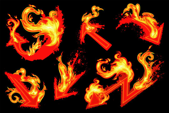 Set of Blazing Fire Arrow Graphics. A vibrant vector set of flaming arrows featuring intense movement, swirling flames, and bold directional shapes. Ideal for dynamic themes such as gaming, sports, br