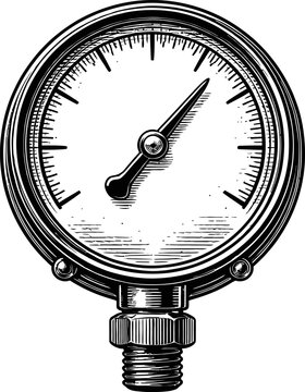 Detailed black and white illustration of a vintage pressure gauge. The analog dial shows a needle pointing towards a measurement, with textured detailing on the casing and threads.