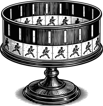 Zoetrope antique toy, optical illusion device showing sequence of running figures, vintage animation precursor, historical entertainment