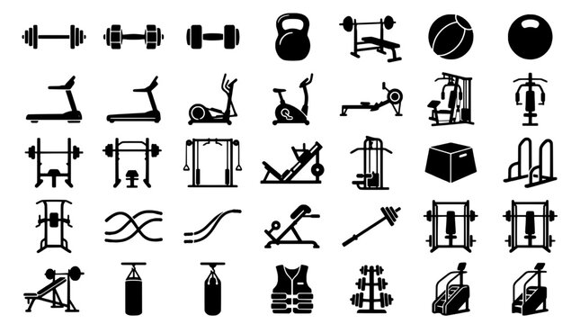 Barbell weight lifting icon set featuring dumbbells, kettlebells, plates, benches, racks, and strength training equipment symbols