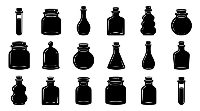 Bottles black vector set with various shapes and sizes, vials and flasks featuring containers, glassware, laboratory with test tubes and beakers