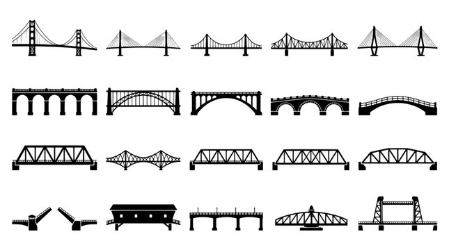 Bridge icon pack with hand-drawn outlines and geometric truss designs for road, travel and architecture graphics
