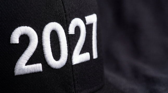 White embroidered 2027 on black fabric cap closeup for apparel detail sportswear trend merchandise design stitched number patch fashion concept textile branding banner apparel marketing layout