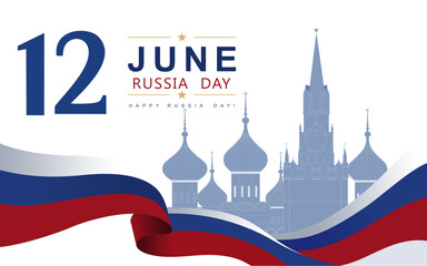 Elegant Russia Day banner with national flag waves, Kremlin silhouette, and modern typography celebrating 12 June patriotic holiday in stylish flat vector illustration. flowing Russian flag ribbon. © ahmad