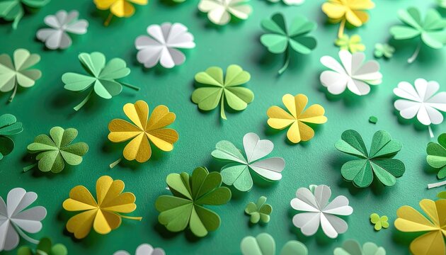 A festive collection of colorful paper shamrocks scattered on a green background.