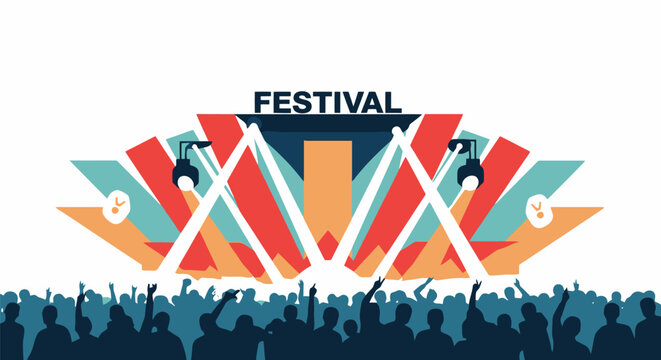 Vibrant outdoor music festival stage with enthusiastic crowd illustration.