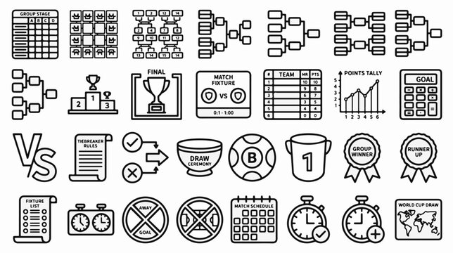 Tournament management icons illustrate match brackets and data tracking for major sports events.
