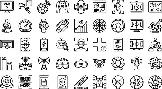 Technology icons represent advanced digital sports analytics and connected virtual reality systems.