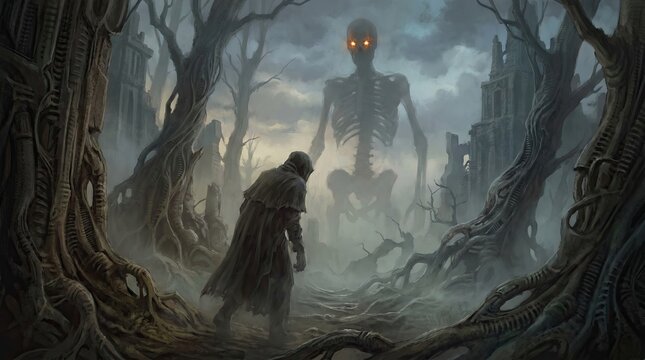 Skeleton giant walking through dark forest, hooded person facing large bony monster hood, glowing orange eyes within misty woods, ancient stone ruins behind skeletal figure glow trees mist sky.