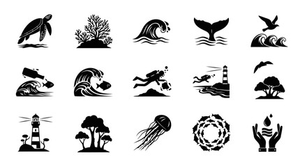 Obraz premium Ocean Awareness Silhouette Icons World Oceans Day Marine Environment Set 15 Vector
