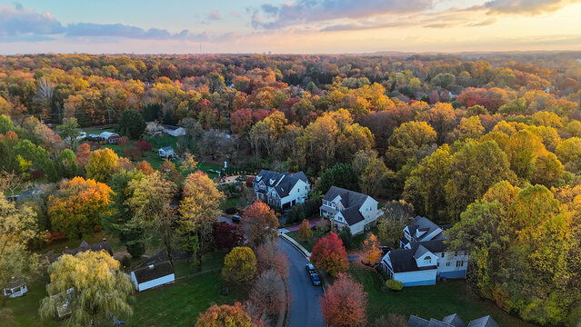 Aerial view of colorful autumn neighborhood in Garnet Valley, Pennsylvania suburb near Philadelphia