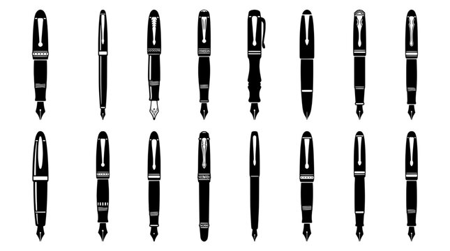 Pens black and white set with various writing instruments, clip and nib details featuring office supplies, stationery, drawing tools with art