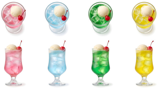 白背景に並ぶカラフルな4色のクリームソーダのセット