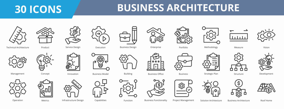 Set of outline style business architecture icon. A collection of icons suitable for web and mobile application. Including management, concept, innovation, business model, building, and more.