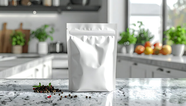 Blank white stand-up pouch bag with zipper closure, realistic mockup on a kitchen counter with spices, packaging design template