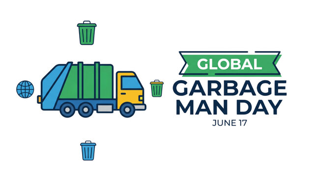 Global Garbage Man Day vector illustration with garbage truck trash bin recycling cleanup icons and waste management awareness typography isolated on transparent background