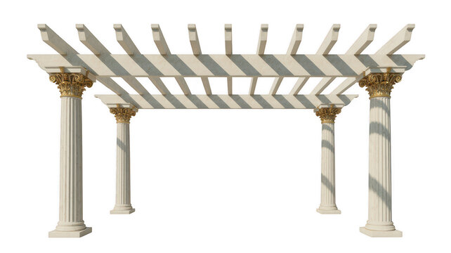 White wooden pergola with ornate gold corinthian columns on a transparent background isolated on a transparent background
