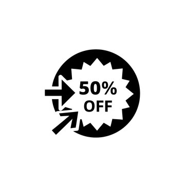 A black and white graphic showing a discount of fifty percent off with arrows pointing towards it