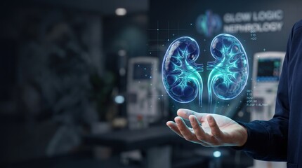 Fototapeta premium Nephrology innovation and digital healthcare concept with holographic kidneys 3D render. Medical technology, urology diagnosis and telemedicine solutions for kidney health.
