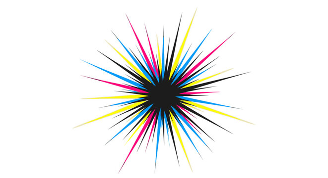 CMYK color splash explosion, abstract burst of magenta, cyan, yellow and black ink on white background