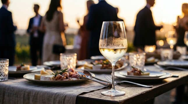 Chilled glass of white wine on a banquet table at sunset. Professional people networking at a corporate outdoor event.