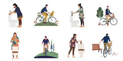 Obraz na płótnie Canvas Collection of flat design illustrations depicting people engaged in daily activities including cycling with pets and decorating home interiors with plants.