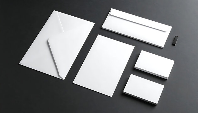 Blank stationery set including letterhead, envelopes and business cards on dark background, corporate identity mockup, clean presentation