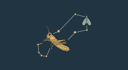 Grasshopper and moth form a constellation against a dark night sky, digital art. © mecca