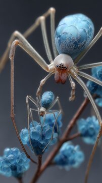 Macro shot of a large blue spider and its spiderling on blue flowers, showcasing wildlife behavior and nature ecosystem.