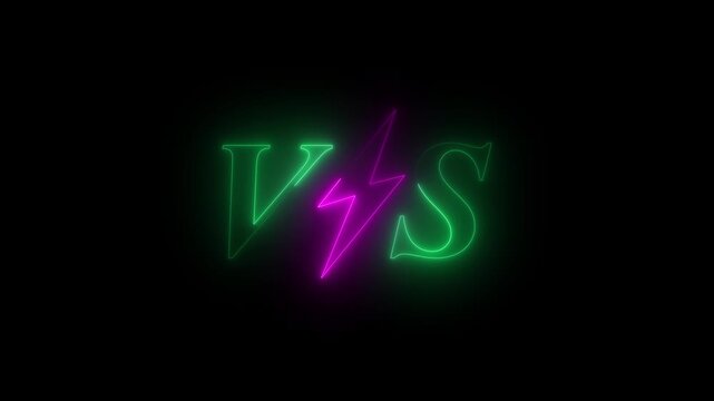 Neon versus battle screen with two glowing green letters v and s and a vibrant pink lightning bolt separating them animated against dark background motion graphic