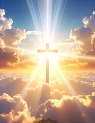 Fototapeta premium A divine cross bathed in heavenly light and surrounded by clouds.