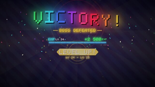 Retro pixel art video game victory and boss defeated screen