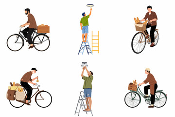 Naklejka premium Set of Flat Vector Illustrations Featuring Men Delivering Fresh Bread on Bicycles and Men Changing Light Bulbs Using Ladders