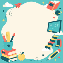 Fototapeta premium Educational icons and school supplies frame around a central copy space for back to school announcements or posters.