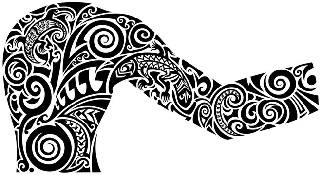 Maori Tribal Tattoo Design on Arm Silhouette, Lizard and Swirls