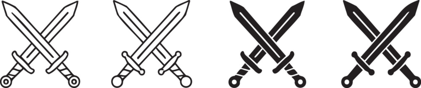 Multiple crossed sword icons displayed in a clean row showing both outline and solid black graphic styles for design projects