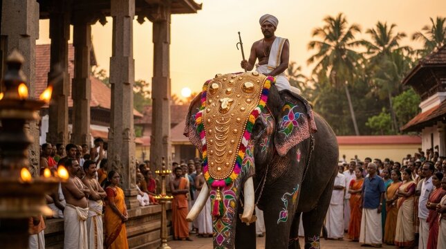 Majestic Elephant Procession: A richly decorated elephant, adorned with vibrant textiles and golden ornaments, carries a rider through a temple courtyard during a religious festival.