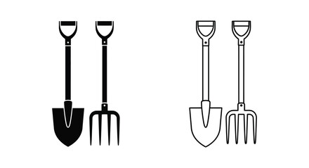 Garden tools set shovel and pitchfork black silhouette © MdShifulIslam