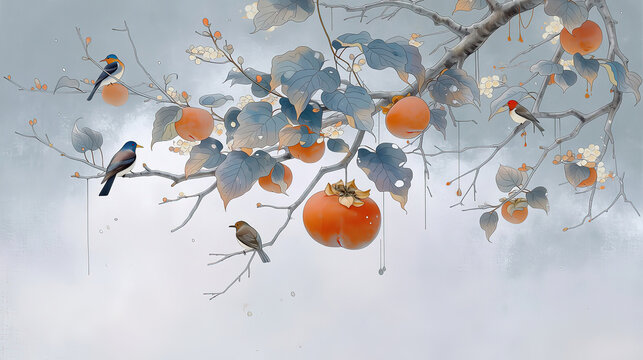 Persimmon on apricot tree Chinese ink birds frolicking gray backdrop light blue orange hues delicate strokes traditional serene clear details soft light elegant